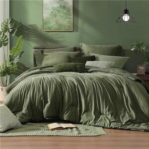 Queen Comforter Set - 7 Pieces Cationic Dyeing Olive Green Bed in a Bag